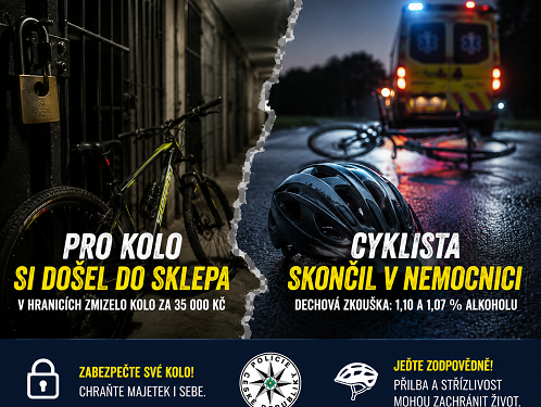 Zloděj zamířil do sklepa pro jízdní kolo a jiný opilý cyklista po pádu skončil v nemocnici