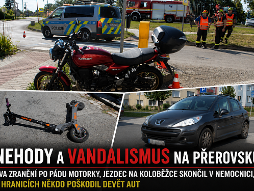 V Hranicích někdo poškrábal devět aut. V Přerově havaroval jezdec na elektrokoloběžce a v Dřevohosticích motorkář